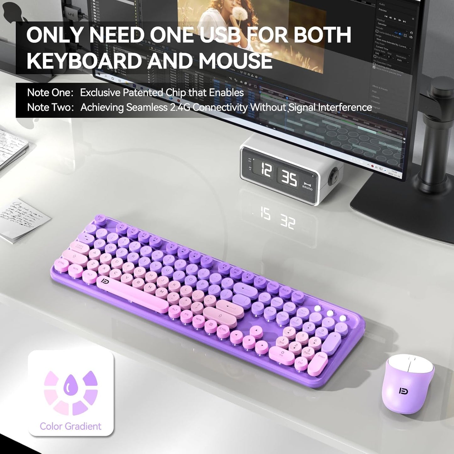 FD Wireless Keyboard and Mouse Combo - 2.4G Full-Sized Cute Colorful Mouse and Keyboard with 104 Round Keys Retro Typewriter Keyboards for Laptop/Windows/PC - Purple Gradient