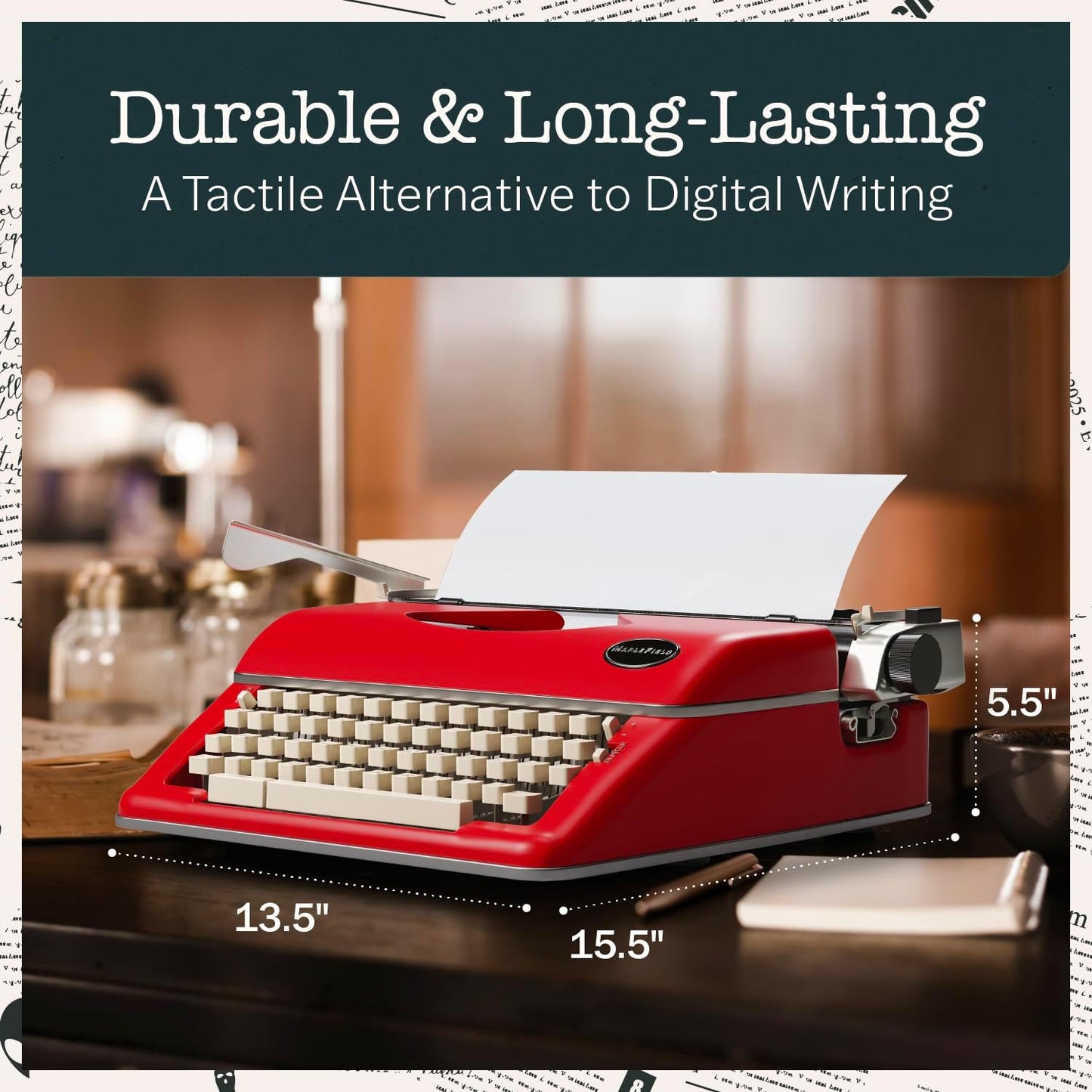 Maplefield Vintage Manual Typewriter Machine - Red Typewriter for Writers & Authors - Antique Desk Decor & Office Accessory - Compact Design & Easy Setup