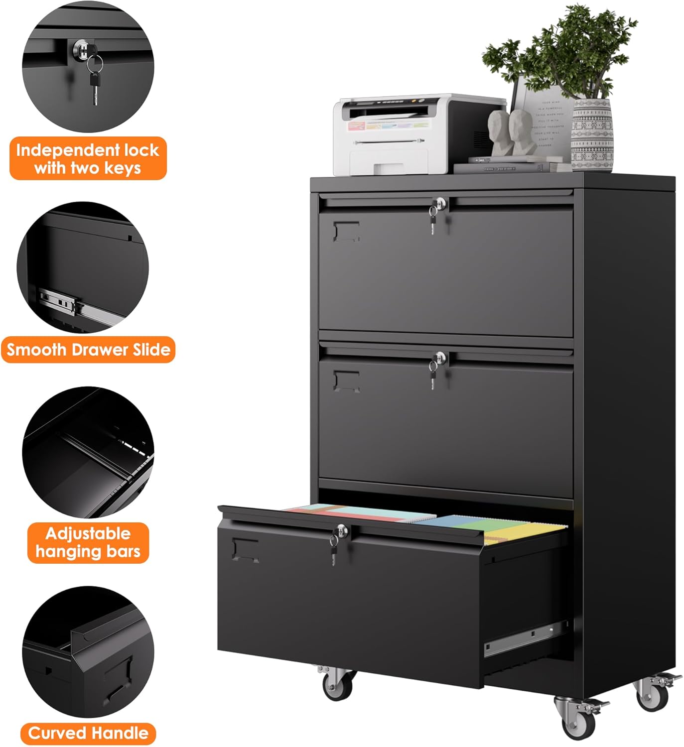 METAN Upgrade 3 Drawers Lateral File Cabinet on Wheels,Steel Office Filing Storage Cabinet with 3 Locks,Assembly Required,Black