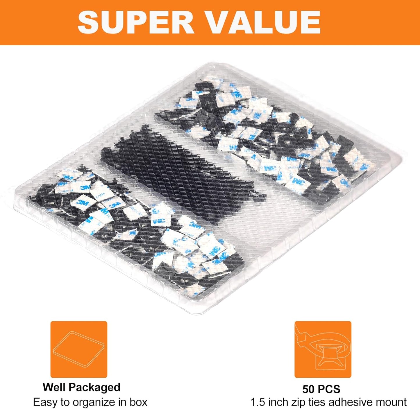 50 Pack 1.5 inch Zip Tie Adhesive Mounts Self Adhesive Cable Tie Base Holders with Multi-Purpose Tie wire clips with screw hole,Anchor stick on wire holder with 8 inch zip ties（White）