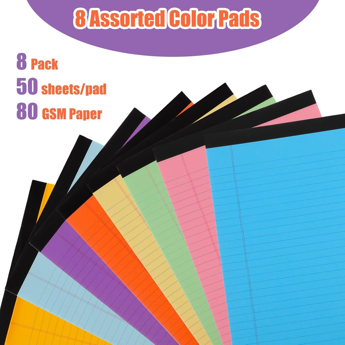8 Pack Colored Legal Pads, Totally 400 Sheets Legal Pads 8 x 11.5inch College Ruled Writing Pads Wide Ruled Legal Paper for Office, School, College, Professional