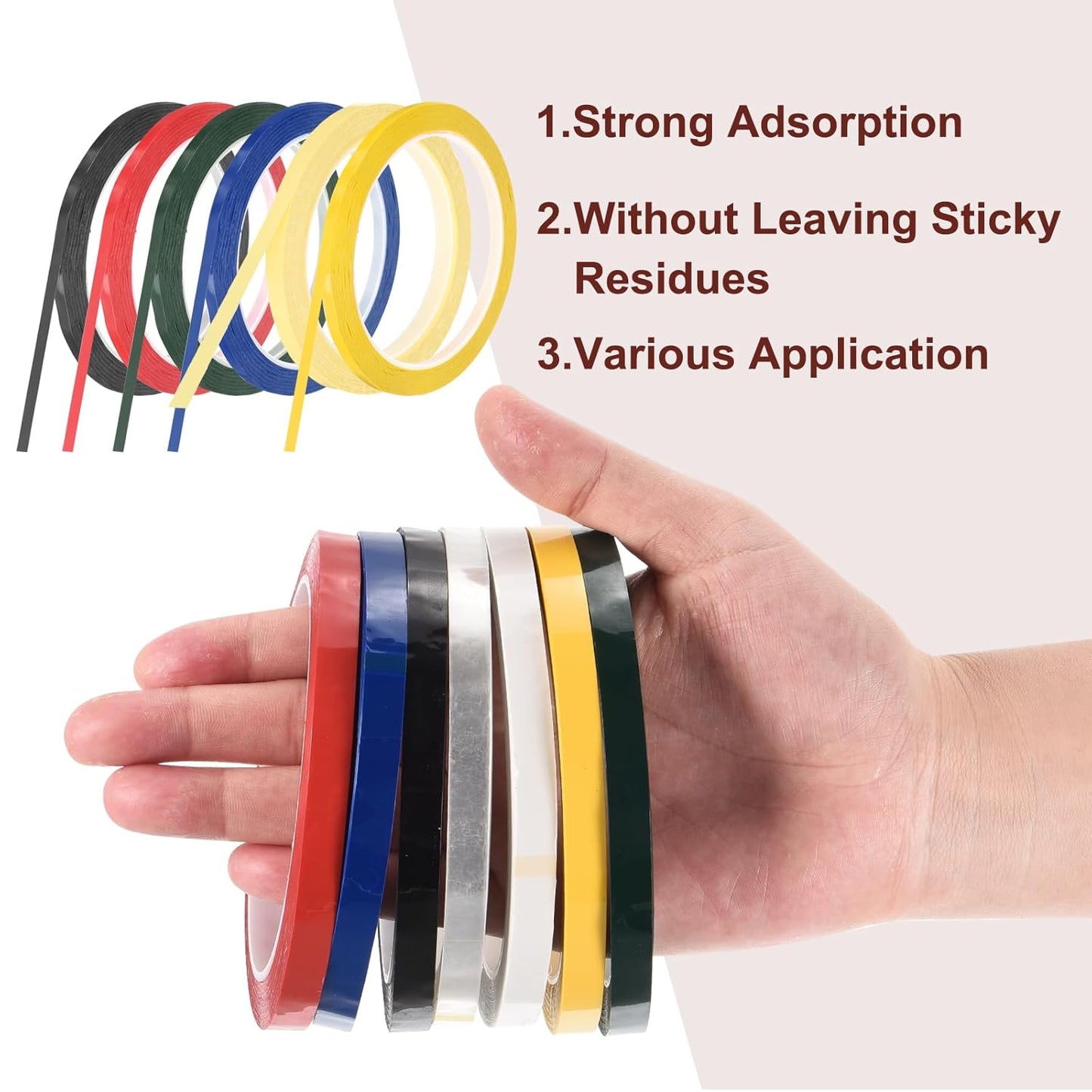 MECCANIXITY 6 Rolls Whiteboard Tape Graphic Chart Tape 8mm 54.7 Yard Art Tape Thin Pinstripe Tape Masking Tape for Gift Wrapping Craft Supplies, Red, Green, Blue, Yellow, Black, White