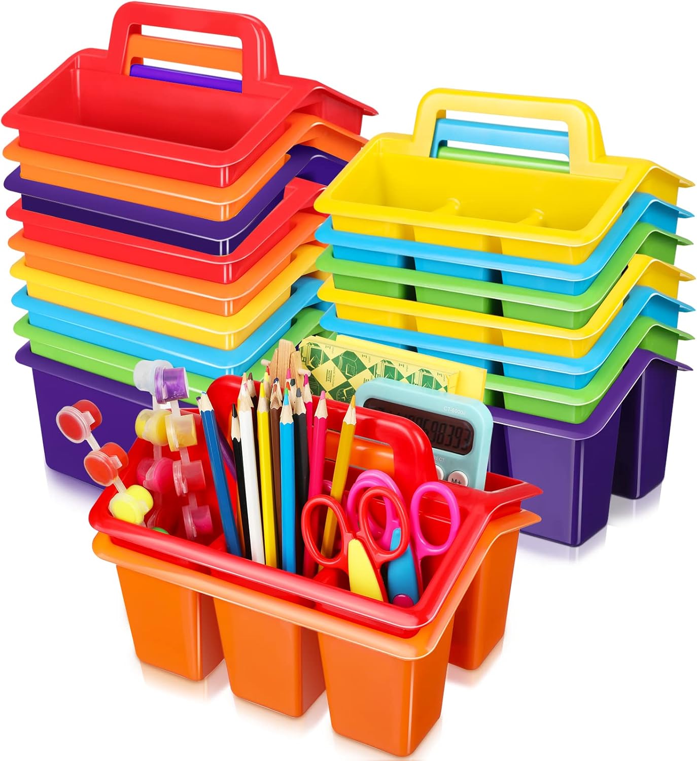 WILLBOND 18 Pcs Classroom Storage Caddies Stackable Utility Caddies with 4 Compartment Plastic Caddy with Handle Portable Classroom Storage Bins Organizers for Kindergarten Schools Art Craft Supplies