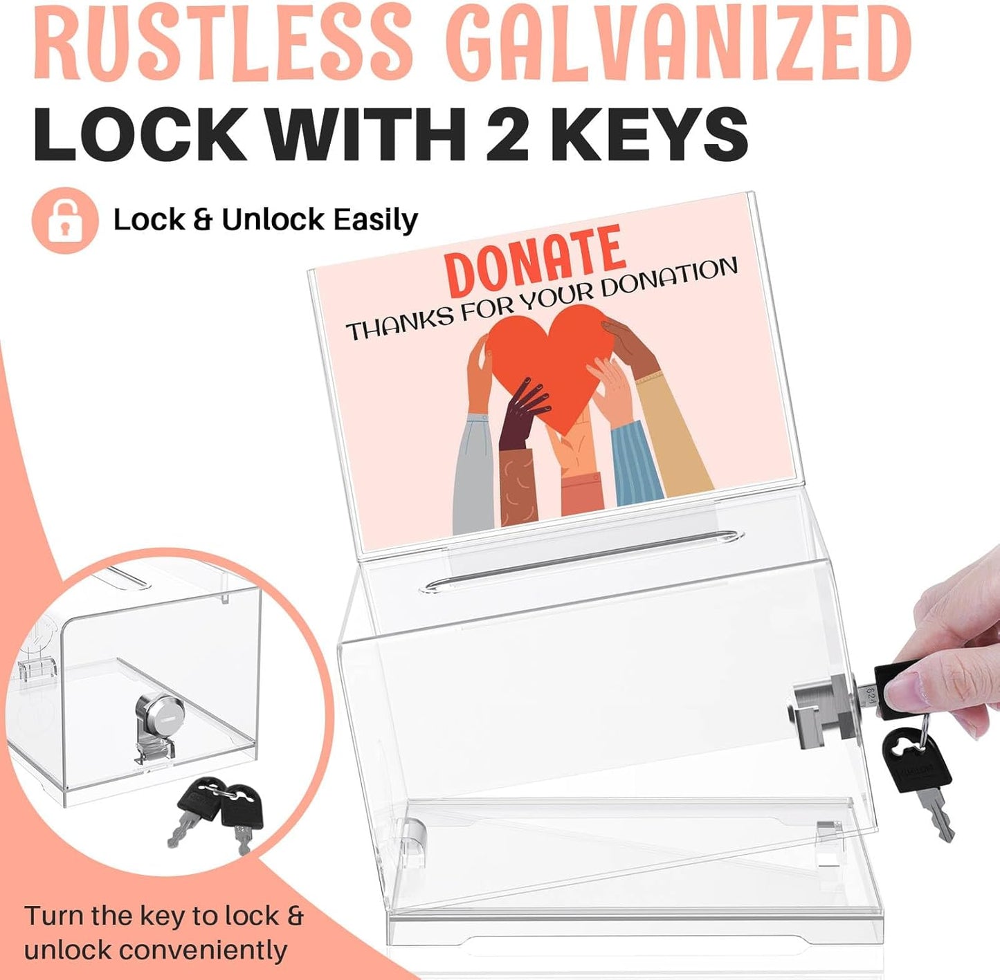 Clear Donation Box with Lock & Sign Holder, Versatile for Fundraising, Ballot Voting, Suggestions, and Tips Jar, Secure Storage Design, Size 6.2x4.6x4.0 Inch, Clear 2 Pack