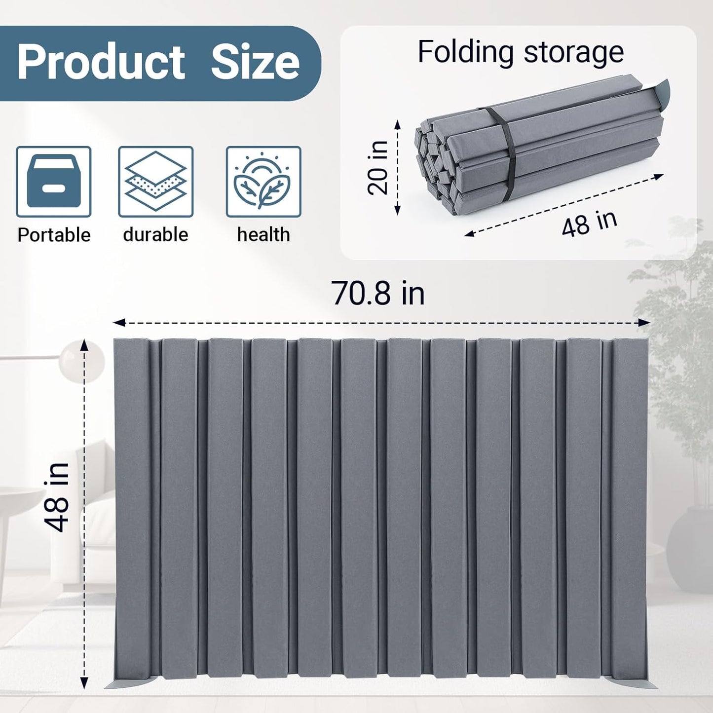 Soundproof Room Divider Panel, Foldable Acoustic Partition Wall with Stand and Straps, Freestanding Privacy Screen for Office Study Bedroom Studio Library, Grey(48" X 6')
