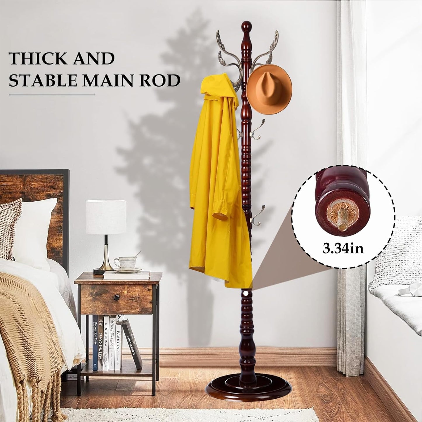 Wood Coat Rack Freestanding, Natural Coats Tree Stand with 14 Metal Hooks, 73" Sturdy and Easy Assembly Coat Rack Stand for Entryway, Hallway, Bedroom, Bags, Hats (Heavy-duty Disc Base, Metal Hook)