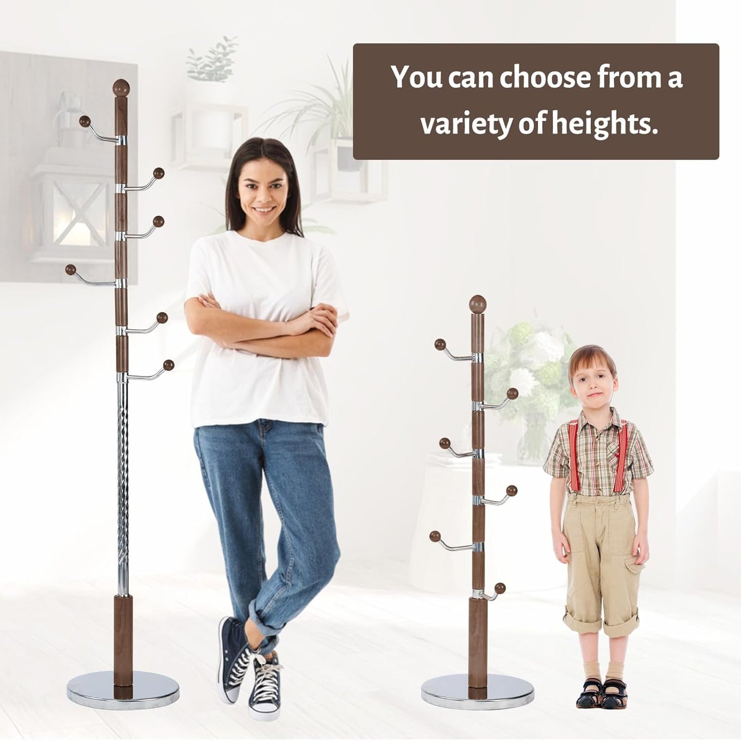 Coat Rack Freestanding, Metal Wooden Coat Tree with 6 Hooks, Heavy Duty Coat Hanger Stand with Resin and Stainless Steel Base, Free Standing Hall Tree for Scarf, Bag, Jacket (Walnut metal)