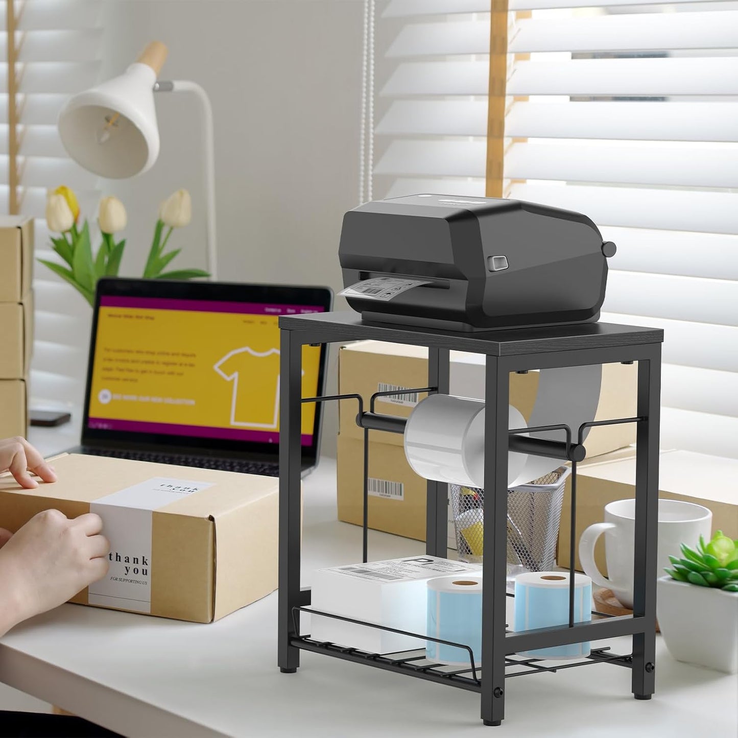 NANANARDOSO Label Holder for Thermal Printer with Basket,Wooden Label Holder for Shipping Label Printer,Sticker Roll Holder for Home, Office Small Business,Black