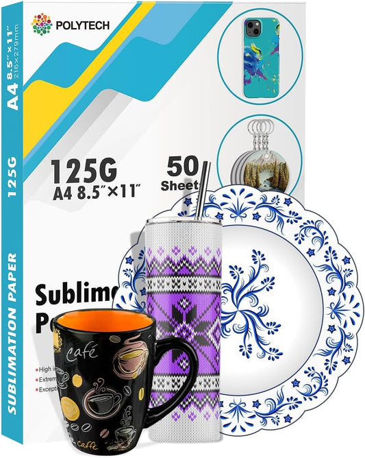 Polytech Sublimation Paper, 8.5x11, 50 Sheets, Heat Transfer Paper for All Sublimiation Blanks, For All Sublimation Printer and Ink, For Tumblers, Magnet Blanks, Ceramic Ornaments, Light T-Shirt,125G
