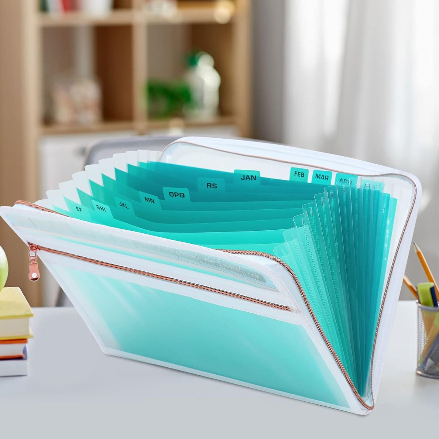 MEGREZ Expanding File Folder with 13 Pockets, A4 Paper File Folder with Zipper Color Labels, Waterproof Accordion File Folder Organizer for Home Office, Green-Clear