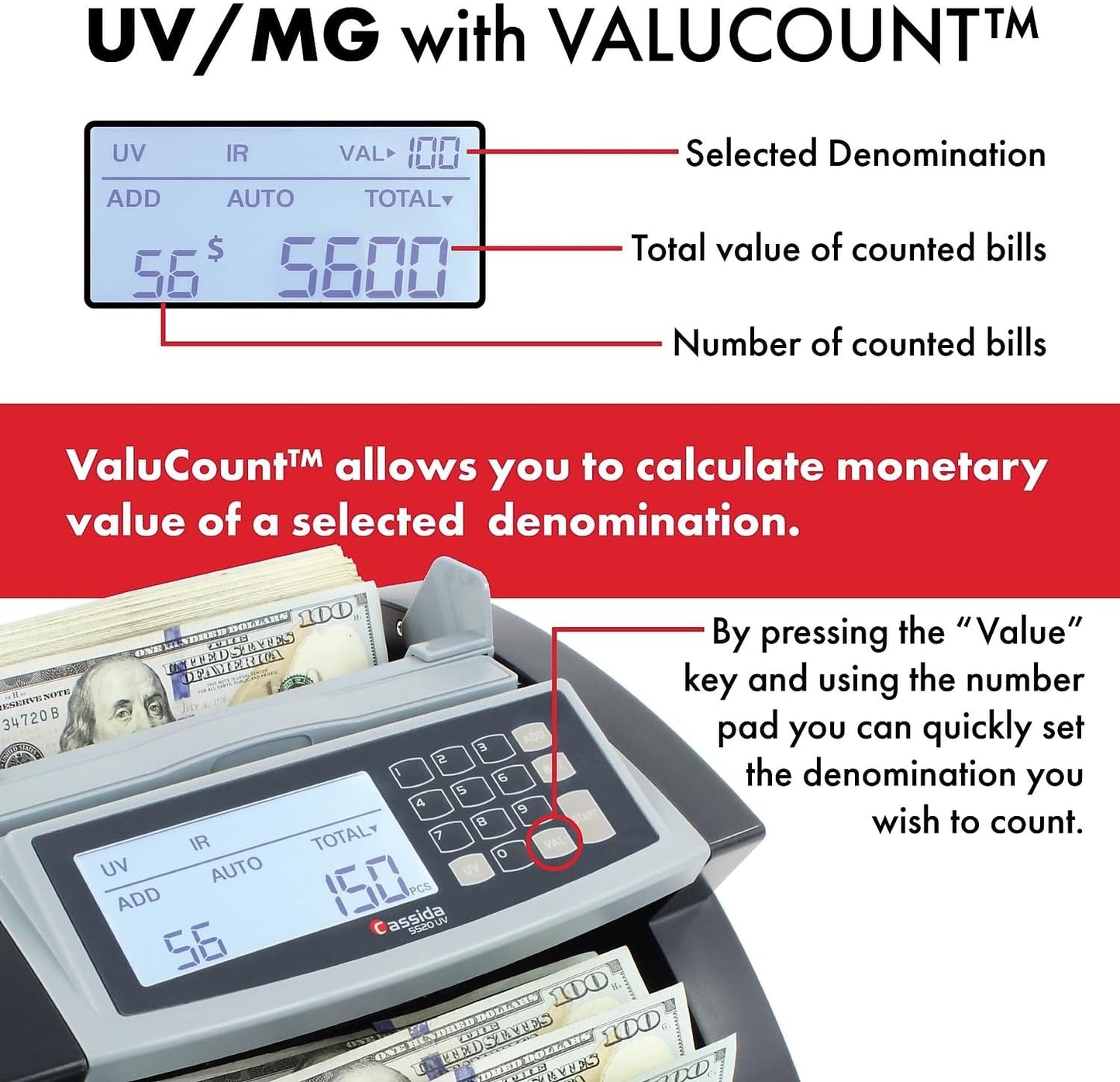 Cassida 5520 UV - USA Money Counter with ValuCount, UV/IR Counterfeit Detection, Add and Batch Modes - Large LCD Display & Fast Counting Speed 1,300 Notes/Minute