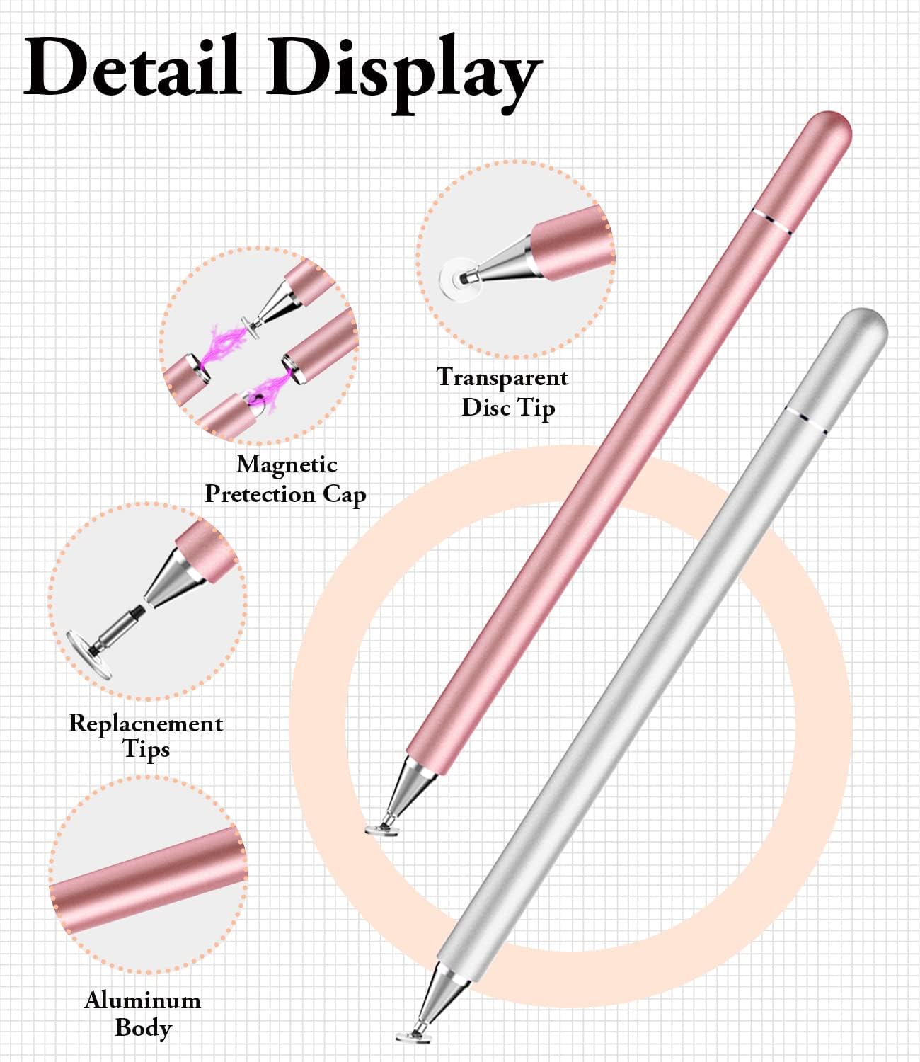 Stylus Pen for iPad, LUNTAK Stylus Pens for Apple/iPhone/Ipad pro/Mini/Air/Android/Microsoft/Surface All Capacitive Touch Screens Universal with 4 Replacement Tips (2 Pcs, Pink and Silver)