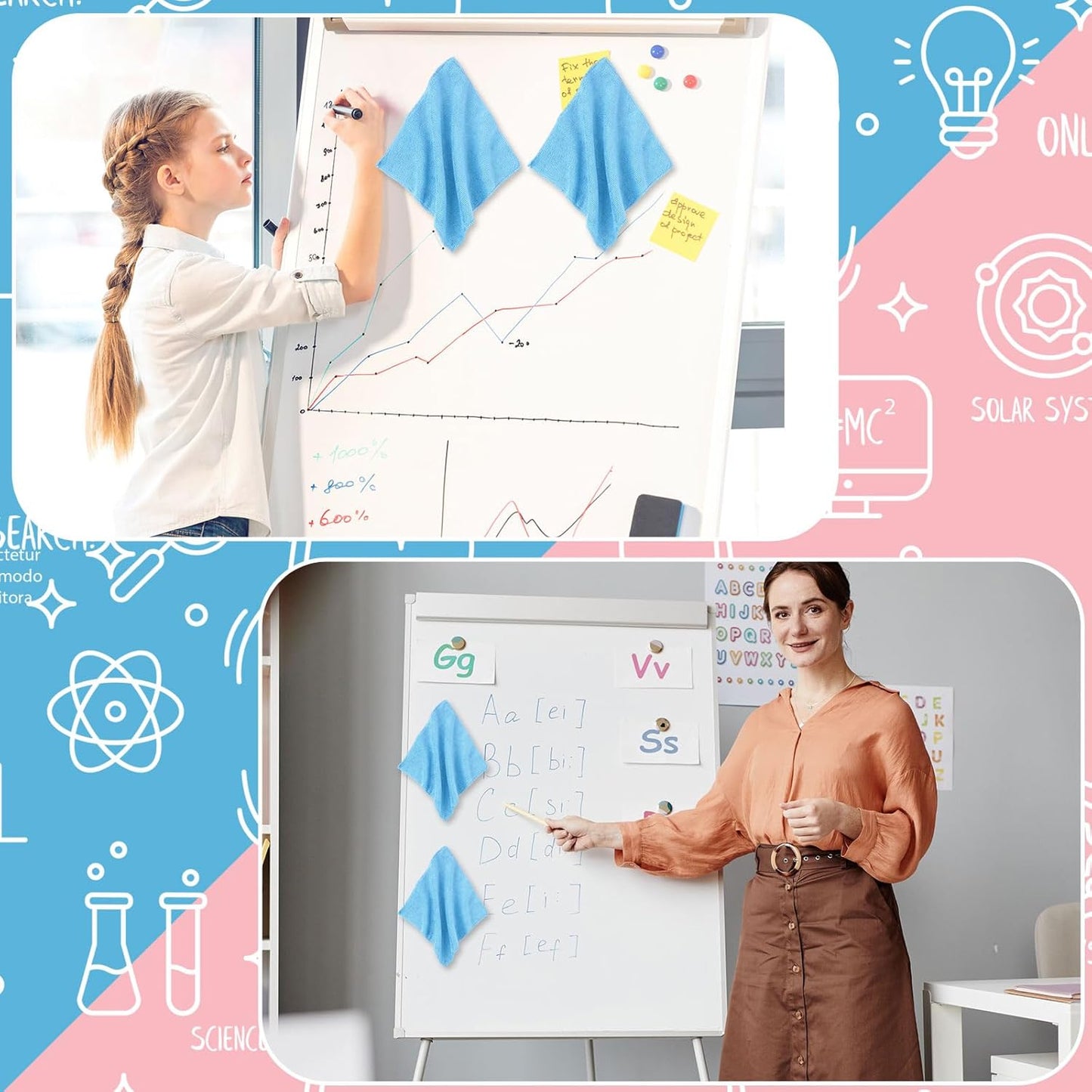 6 Pack Magnetic Whiteboard Cleaning Cloth Magnetism 10'' x 10'' Colorful Microfiber Dry Erase Cloth Reusable Washable Whiteboard Eraser for Classroom Home Office (Blue)