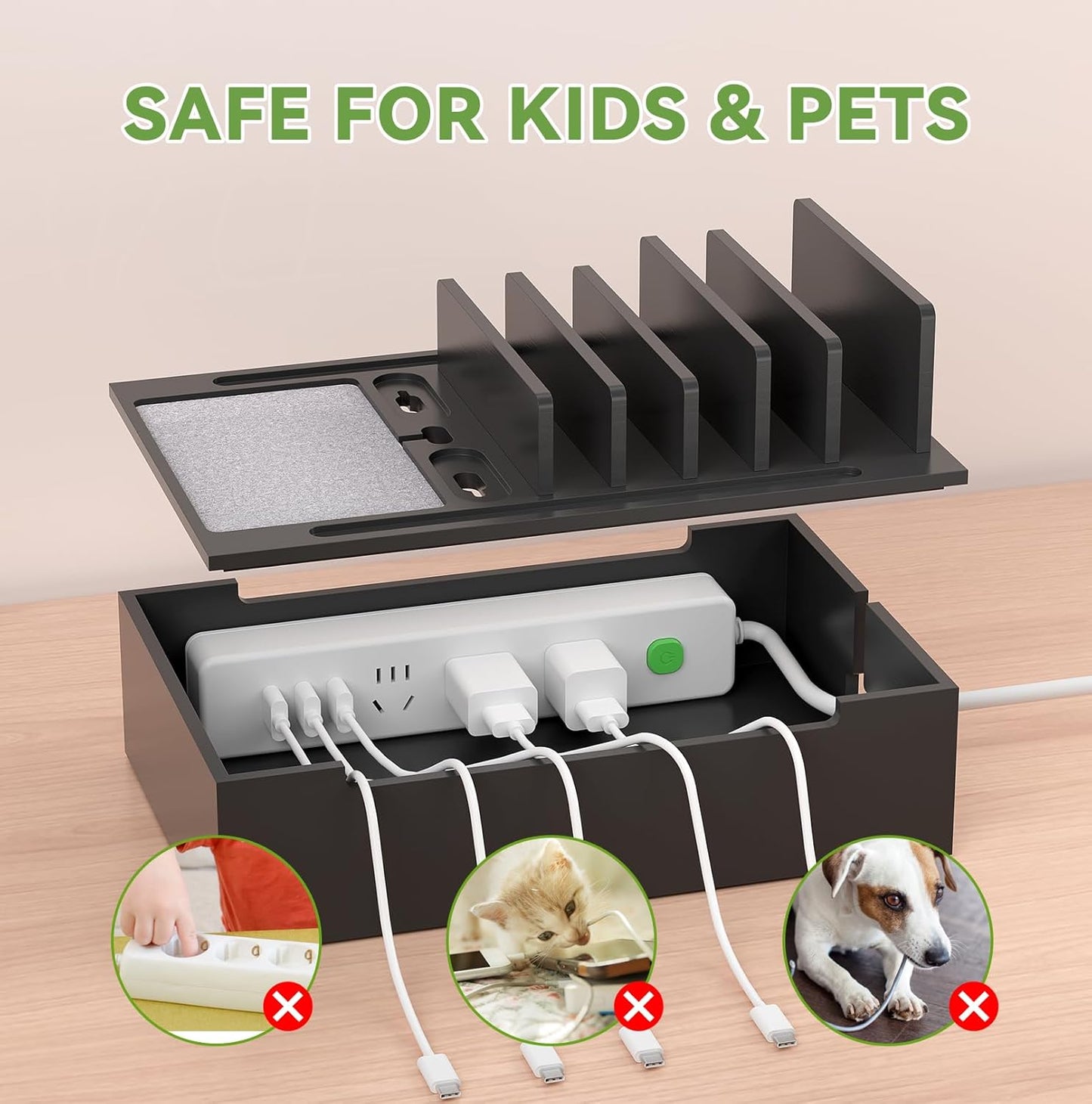 Pezin & Hulin Bamboo Charging Station, Electronic Devices Organizer for Multiple Devices Charger Such As Cell Phone, Tablet, Watch and More, Blackl, (No USB Charger and Cables