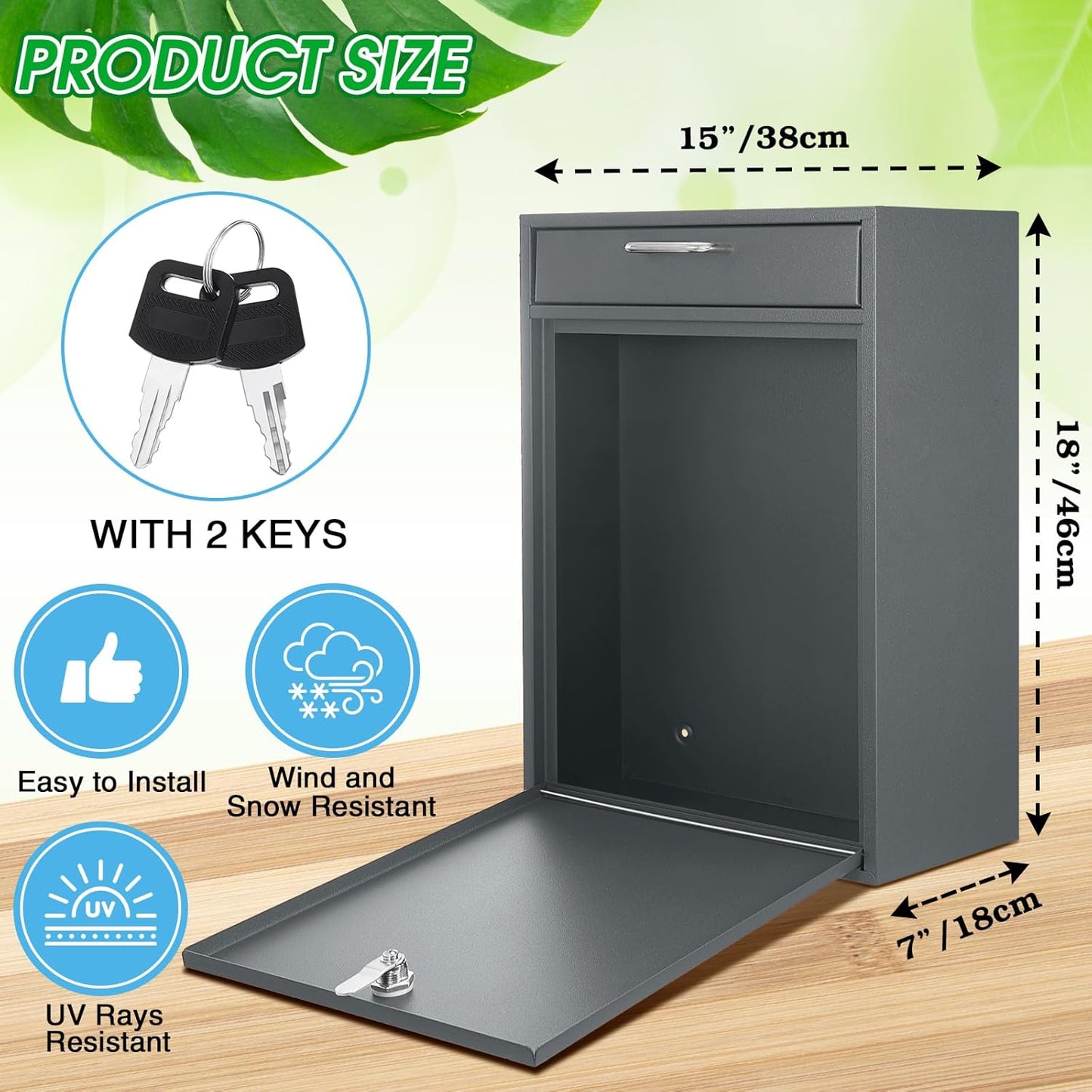 Locking Mailbox with Key for Outdoor 18 x 15 x 7 Inches Large Wall Mount Mail Box with Lock Security Mail Drop Metal Collection Boxes Hanging Secure Postbox(Dark Gray)