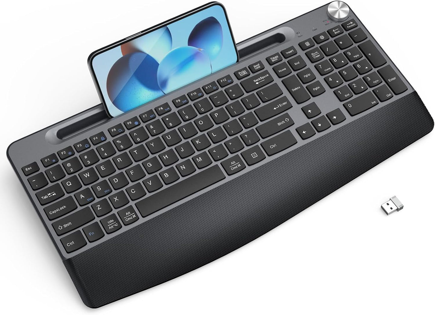 Ergonomic Wireless Keyboard with Wrist Rest-Low-Profile,Phone/Tablet Holder,Quiet Design，Windows & Mac OS，Full Size Cordless USB Computer Keyboard for Desktop,Laptop, PC, Mac, Windows-Black