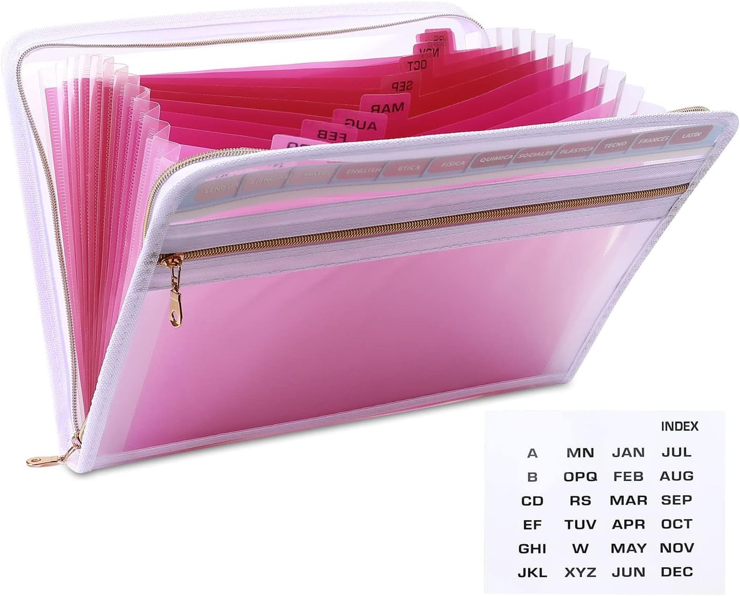MEGREZ Expanding File Folder with 13 Pockets, A4 Paper File Folder with Zipper Color Labels, Waterproof Accordion File Folder Organizer for Home Office, Pink-Clear