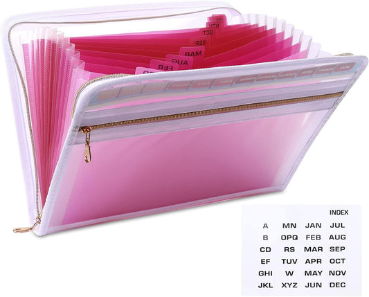 MEGREZ Expanding File Folder with 13 Pockets, A4 Paper File Folder with Zipper Color Labels, Waterproof Accordion File Folder Organizer for Home Office, Pink-Clear