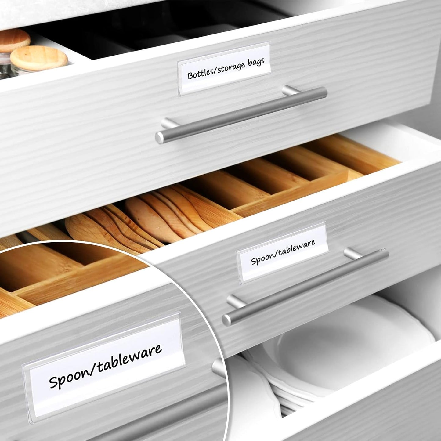 Yexiya 150 Pieces 3 x 1 Inch Self Adhesive Label Holders with Paper Label Inserts Clear Shelf Tag Label Holders Plastic Price Tag Holder for Supermarket Library Bookshelves Mailbox Storage Bins