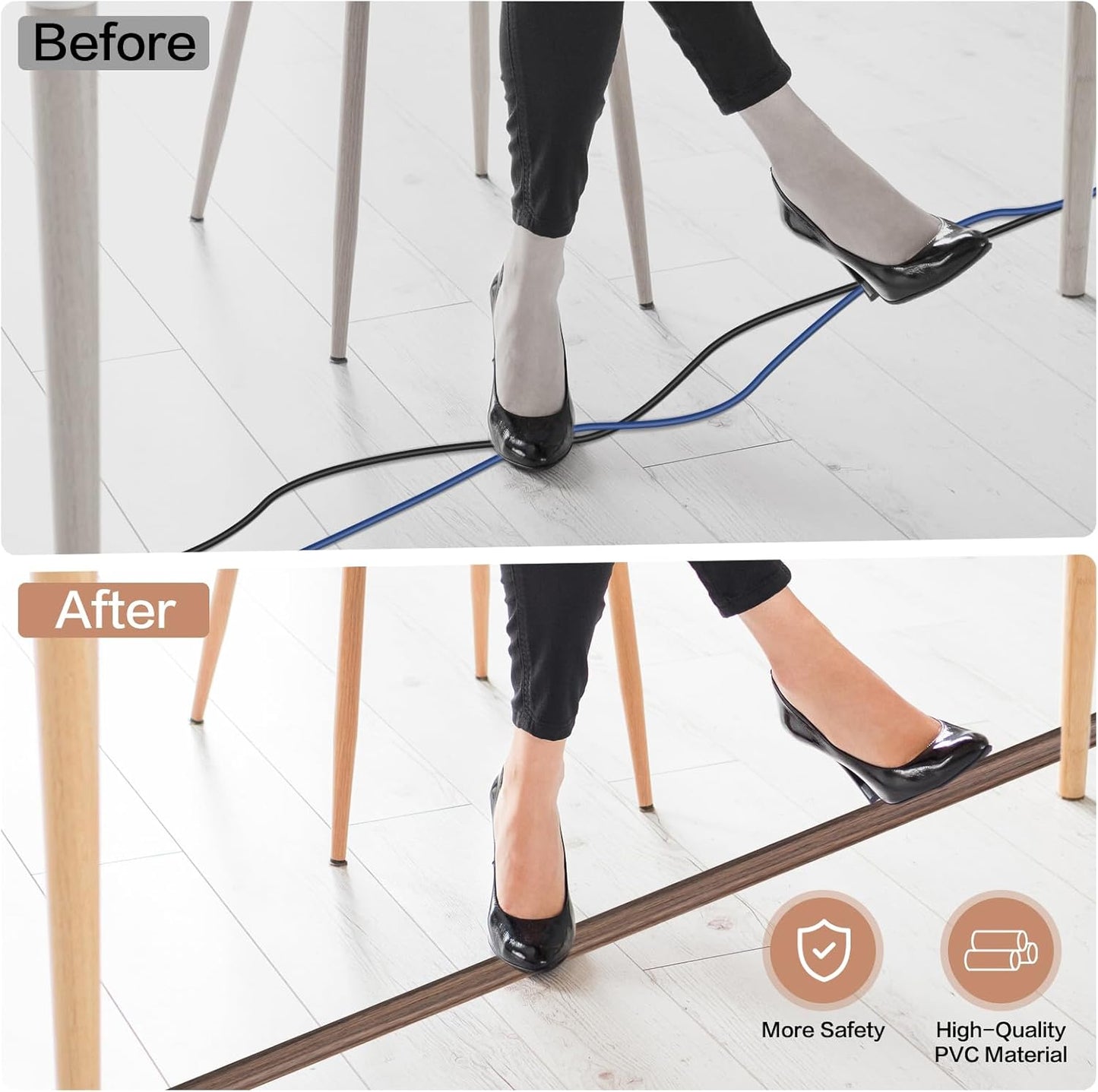 Floor Cord Cover Self Adhesive Cord Hider Floor Extension Cord Covers for Floor Power Cord Protector Cable Management Prevent Cable Trips Cable Cavity 0.47" W x 0.27" H (Smoked Brown Wood, 20Ft)