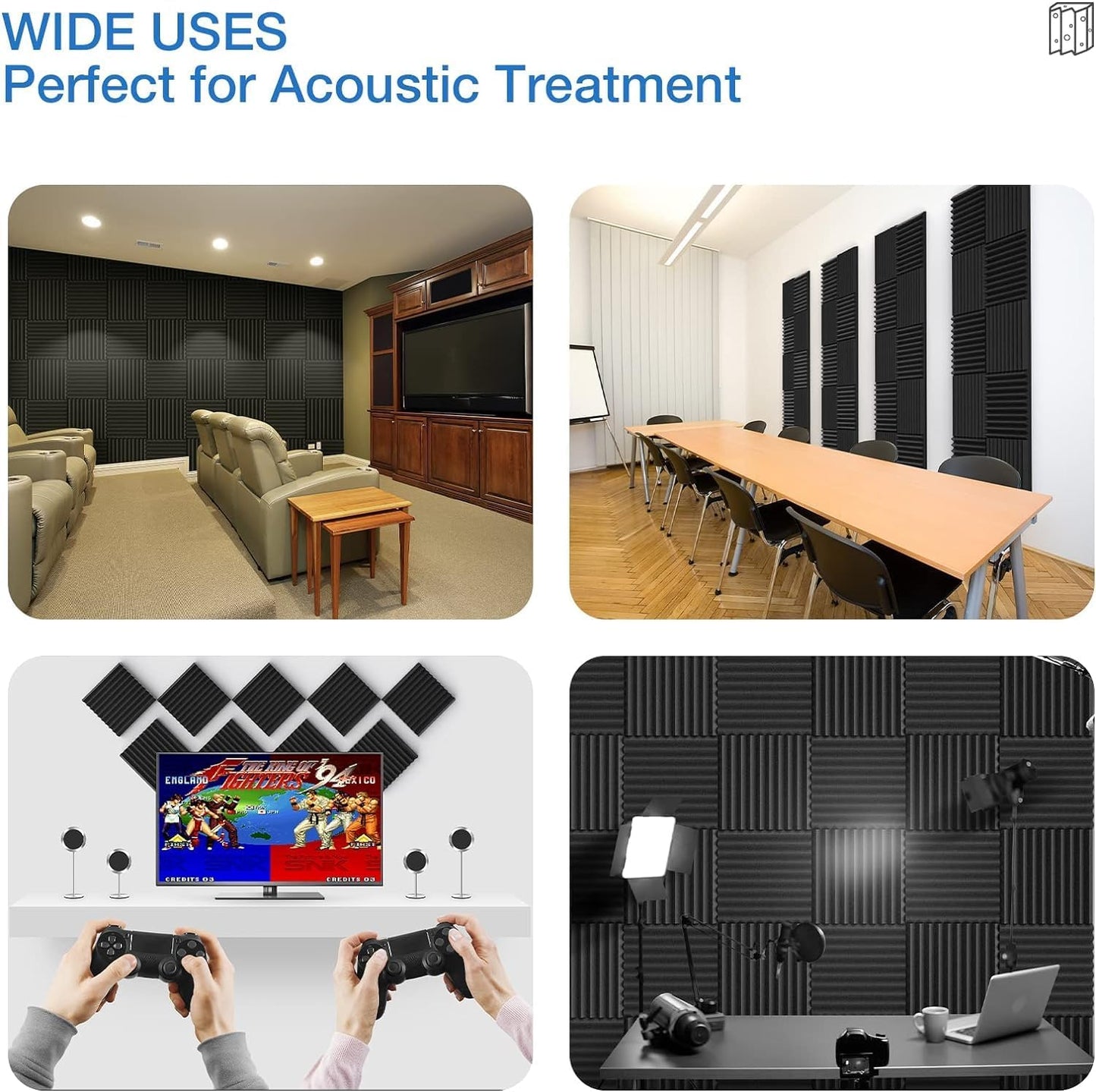 48 Pack Self-Adhesive Acoustic Panels - 1”X 12”X 12”Wall Panels - Quick-Recovery and High Density Sound Panels - Sound Proof Acoustic Foam for Home Studio - Black