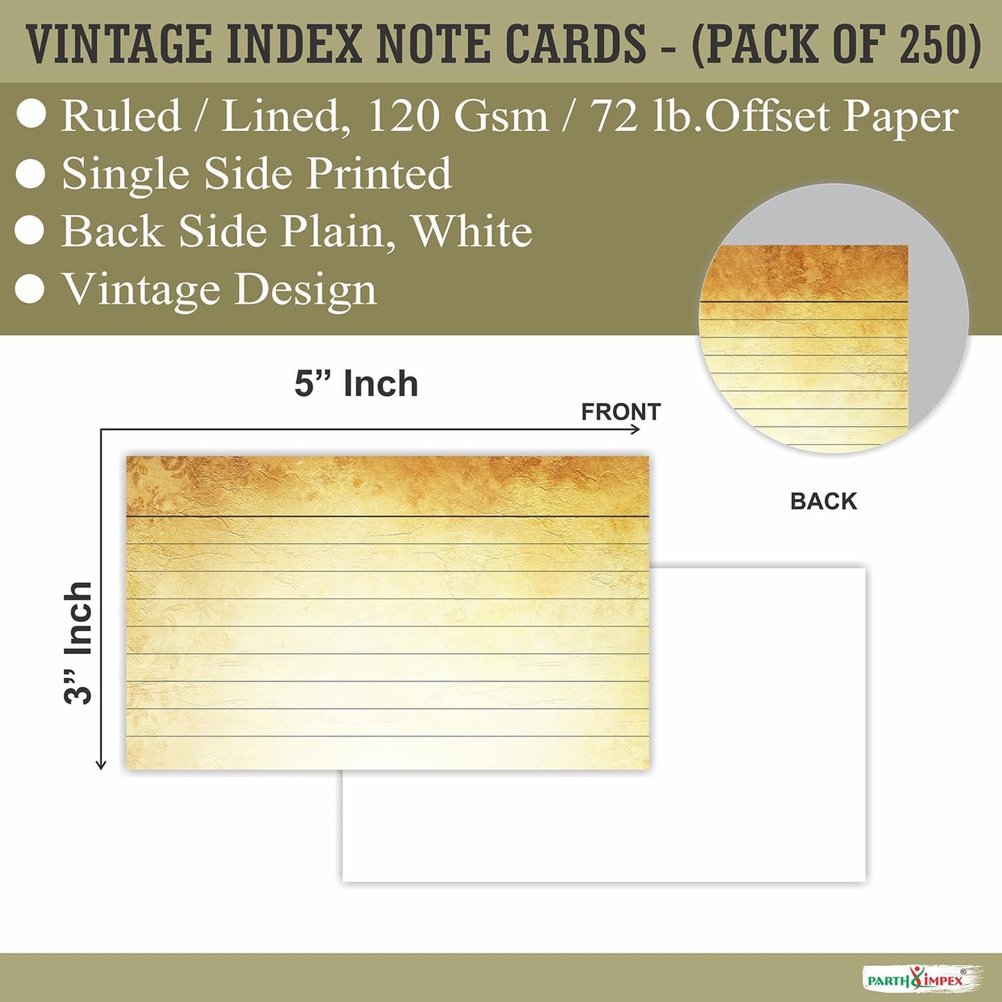 PARTH IMPEX Ruled Lined Vintage Index Note Cards, 250 Count Single Side Printed White Back 3" x 5" for Studying Home and Office Flashcards, 120 Gsm Offset Paper Flash Cards