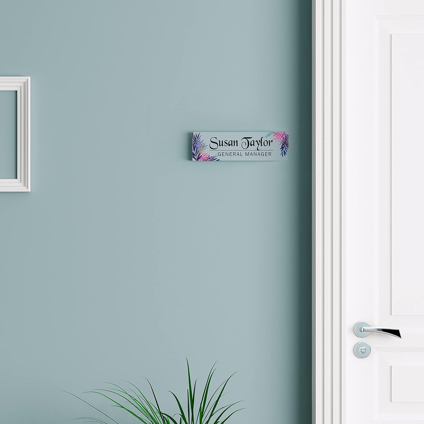 Artblox Personalized Office Desk Name Plate and Business Card Holder | Clear Acrylic Glass with Teak Wood Stand | Leaf Design Customized with Your Name and Credentials Office Desk Decor