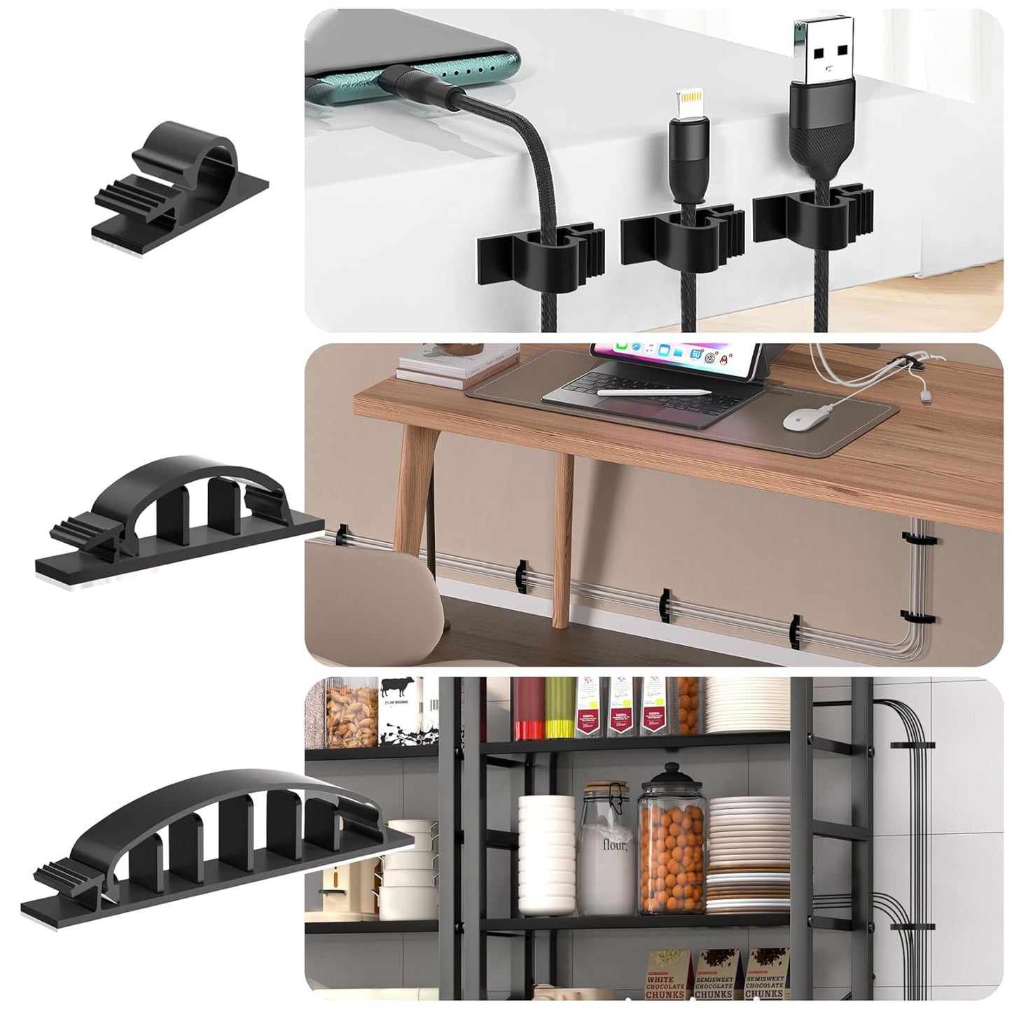 XHF 30pcs Adhesive Cable Wire Clips Kit Black, Outdoor Cable Management Wire Organizer Cord Holder for Under Desk, Car, Wall, TV PC Ethernet Cable