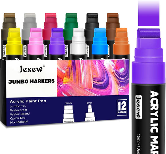 Acrylic Paint Markers, 12 Colors Jumbo Markers, 15mm Jumbo Felt Tip, Waterproof and Permanent Ink Paint Pens for Rock Painting, Stone, Ceramic, Glass, Wood, Canvas, Poster, Signs