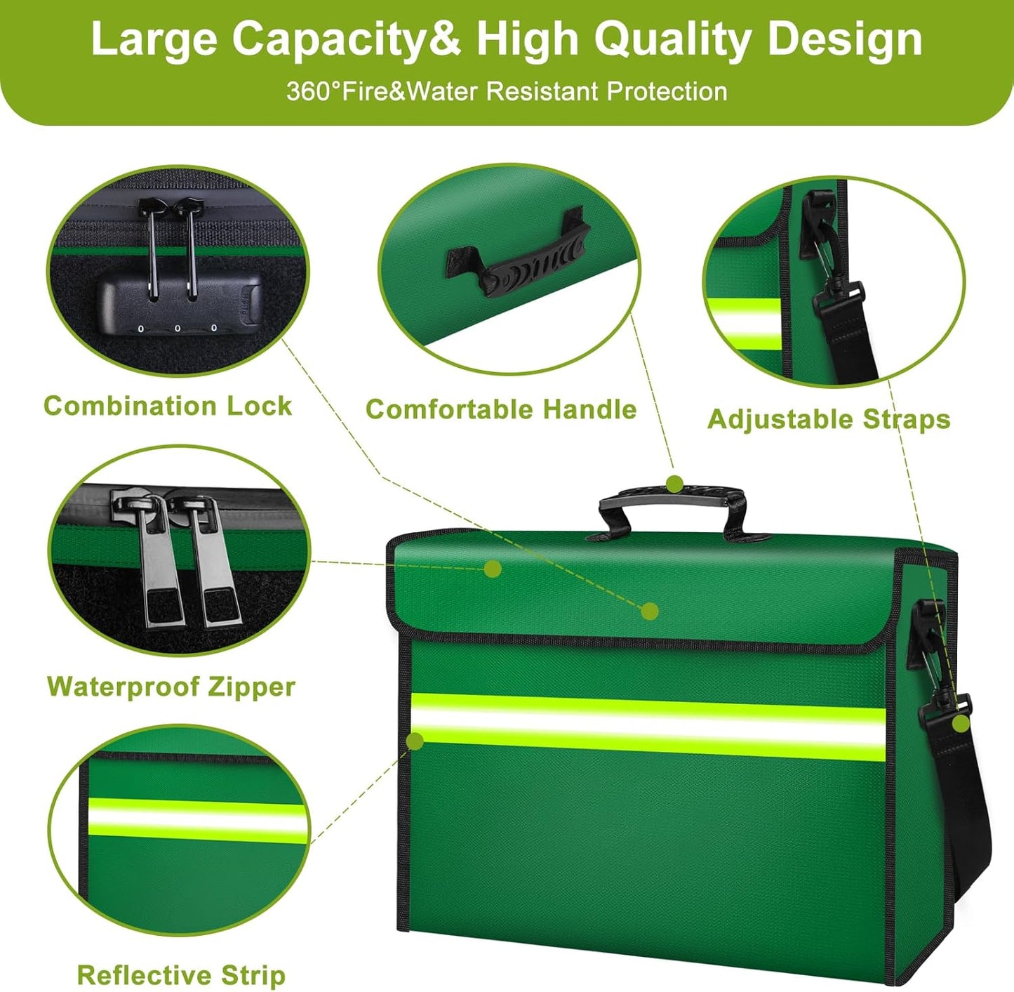 6500°F Fireproof Document Bag with Lock-Fireproof Box with 10 Layers Insulation Materials&Waterproof Zipper,Removable Wallet,Reflective Strip for Cash,Documents,Jewelry(14.2”x 9.6”x 4.1”)
