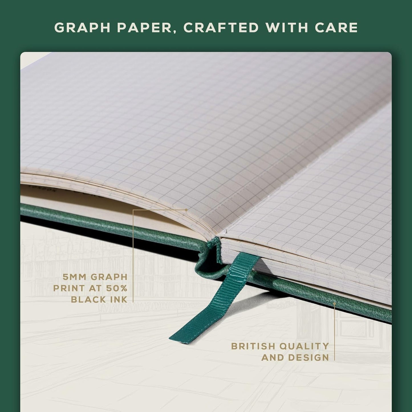 BEECHMORE BOOKS Graph Paper Notebook - Regular, Green | Premium Square Grid Math & Science Journal | 5.75" x 8.25" Hardcover Vegan Leather | Thick 120gsm Cream Graph Paper | Gift Box for Men & Women