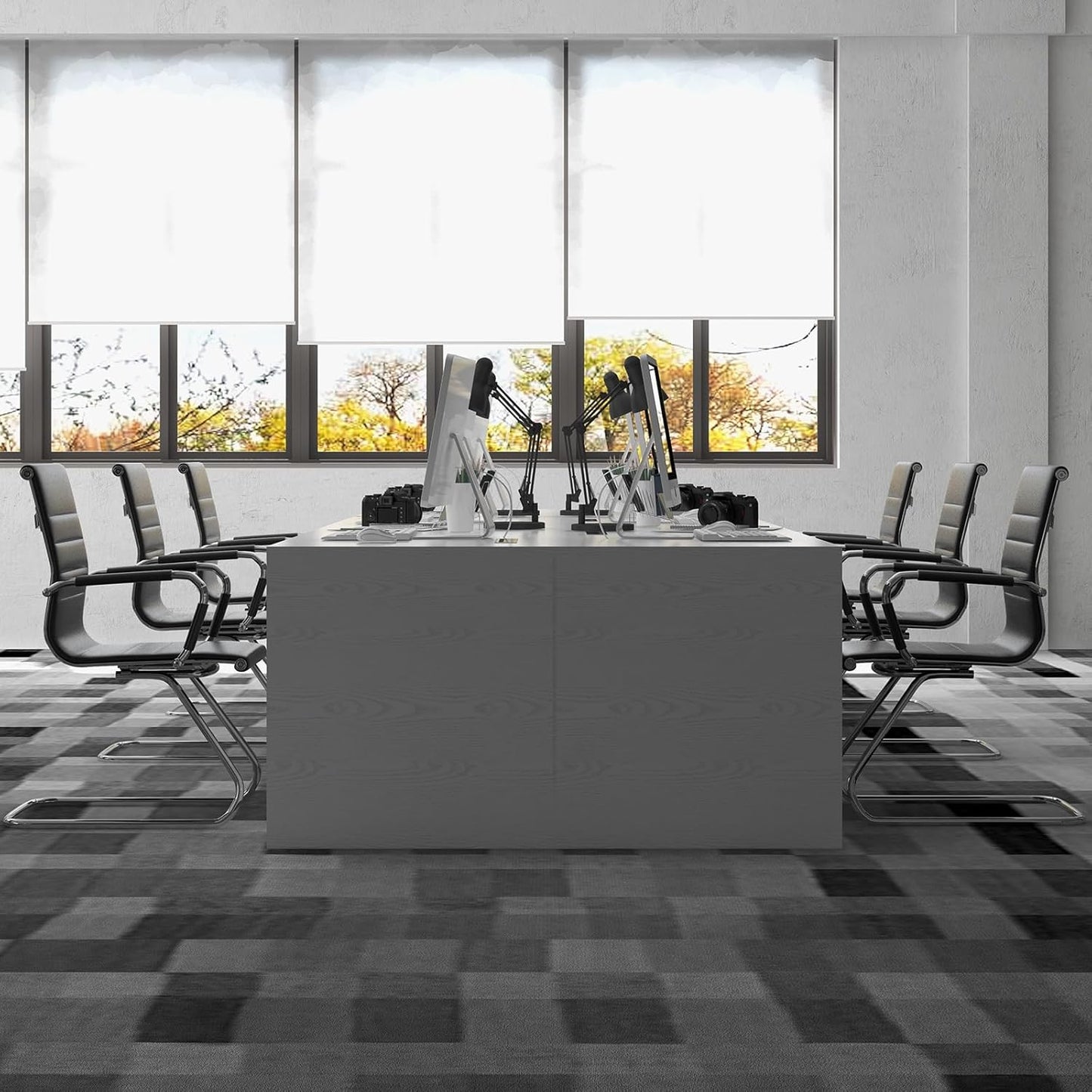 Black Office Desk Chair No Wheels Set of 8 PU Leather Computer Chairs Mid Back Guest Chairs for School Reception Conference Waiting Room, Black