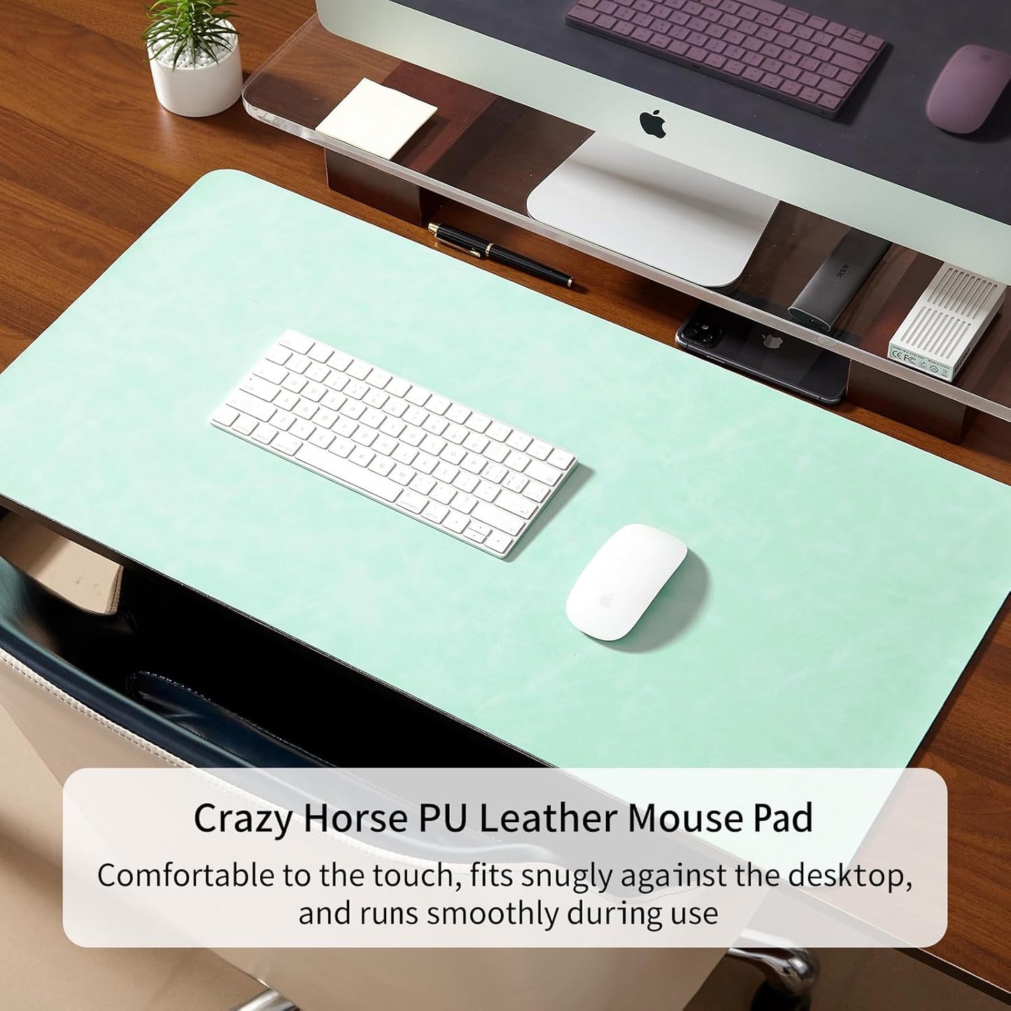 Crazy Horse Leather Desk Mat Large Mouse Pad Laptop Computer Desk Pad Protector Non-Slip Waterproof Table Blotter Desktop Writing Pad for Office and Home (Light Green, 80x40cm)