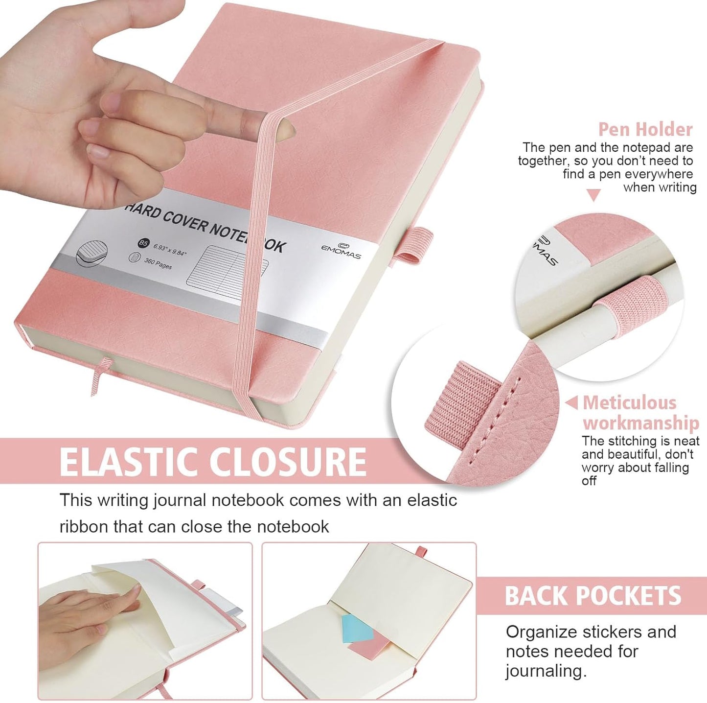 Lined Journal Notebook, 360 Numbered Pages(With page number), Thick Journal for Writing B5 College Ruled Notebook, 100gsm Lined Paper, Leather Hardcover, 9.8'' X 6.9''-Pink