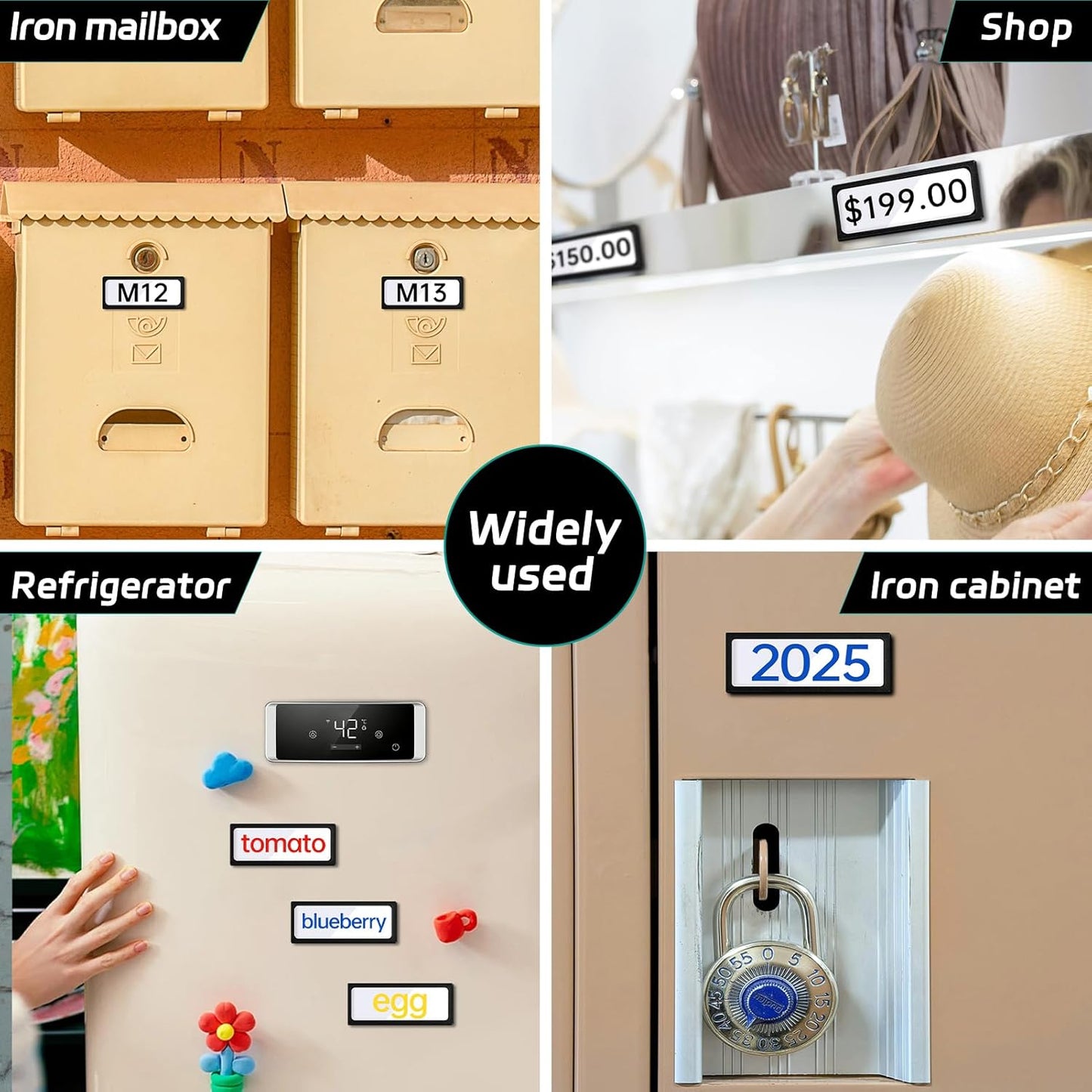 20Pcs Magnetic Plastic Label Holder Black 1.5x4 inch for Supermarket Store Price Tag Metal Shelf File Storage Cabinet Drawer Label Tag Resuable with 8 Color Chalk Makers, 20Pcs White Paper