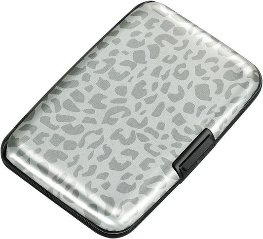 ELFISH Mini RFID Aluminum Wallet Credit Cards Holder Business Card Case Metal ID Case for Men Women(Grey Leopard Print)