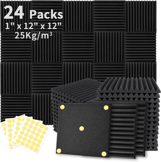 24 Pack Acoustic Foam Panels 1" x 12" x 12" Sound Proof Foam Panles Soundproofing Noise Cancelling Wedge Panels for Home Office Recoding Studio with 240PCS Double-Side Adhesive