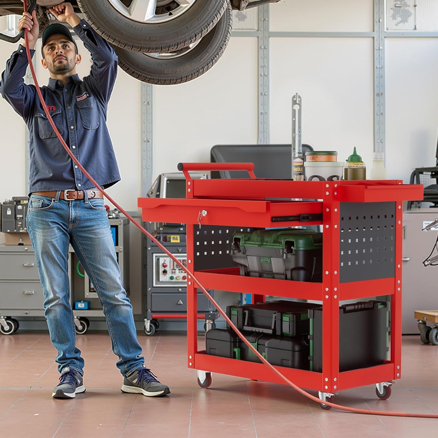 ALANNG 330 LBS Rolling Tool Cart with 1 Drawer & 3 Shelves | Heavy Duty Mechanic Cart Includes 7 Hooks, 2 Pegboards & Screw Organizer | Metal Service Cart for Garage Workshop (Red)