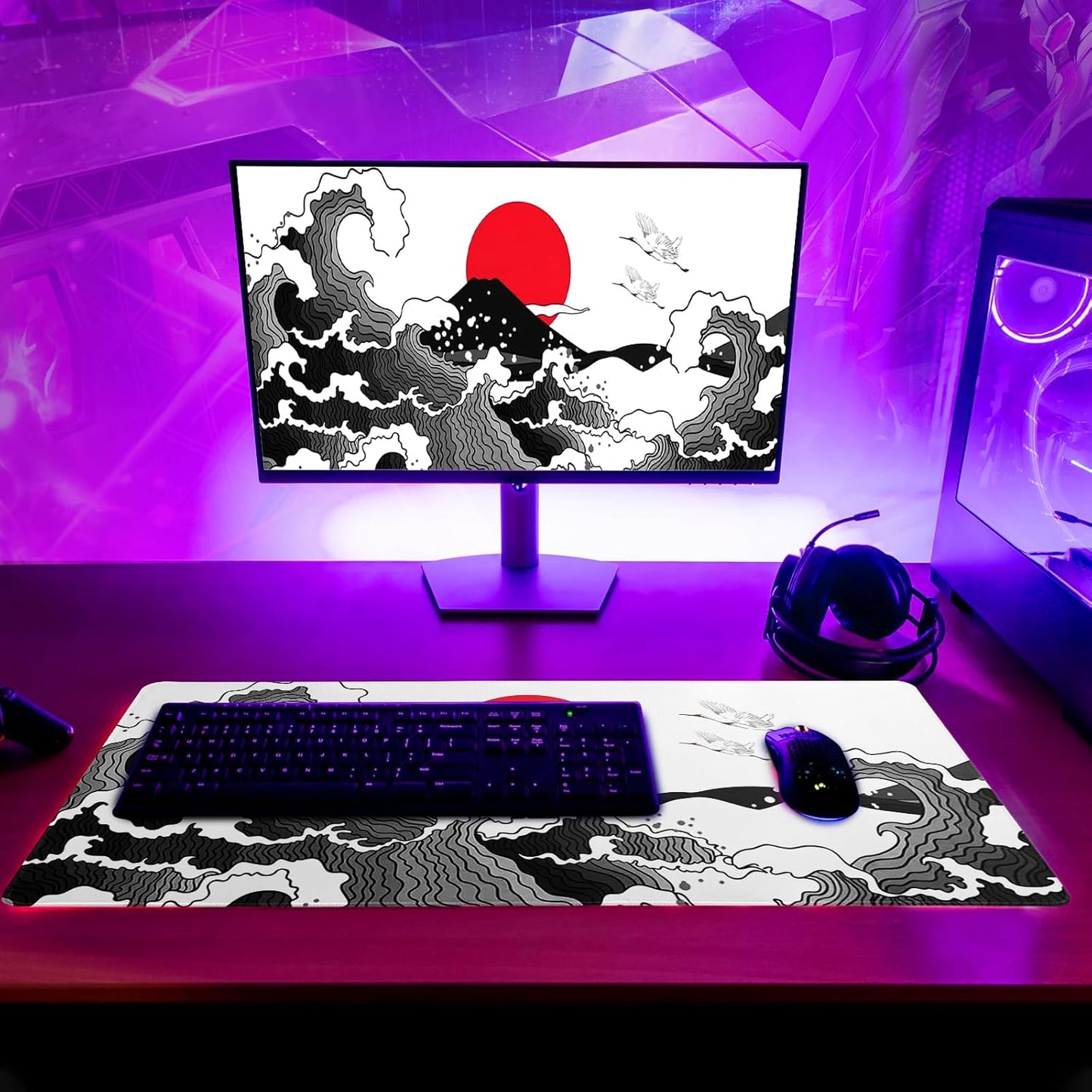 Japanese Red and Black Wave Gaming Mouse Pad Extended Large Mouse Mat Desk Pad Sea Texture Non-Slip Rubber Base Wave Mousepad Stitched Edges Keyboard Desk Pad for Office Home Game 27.6x11.8 Inch