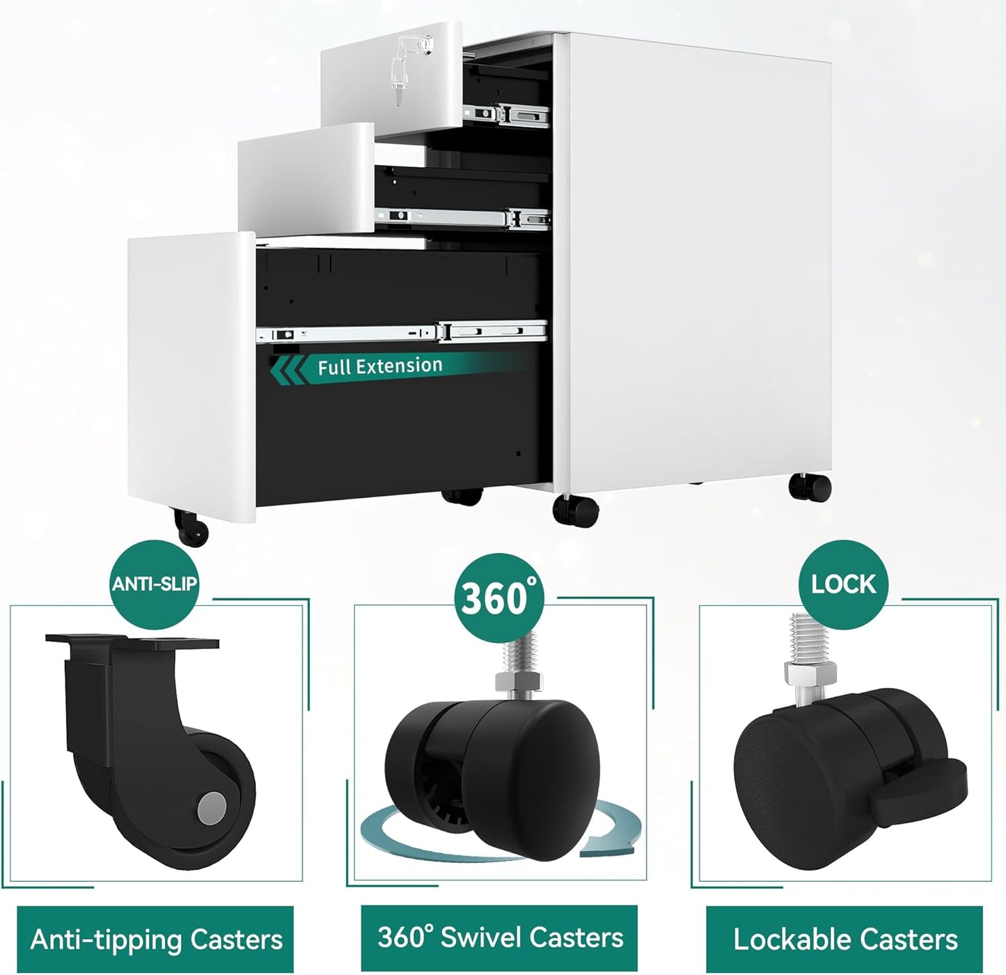 YITAHOME 3-Drawer File Cabinet, Lockable Mobile Filing Cabinet for A4/Letter/Legal Size Folder, Vertical File Cabinet for Home Office, Installed Except Casters, White