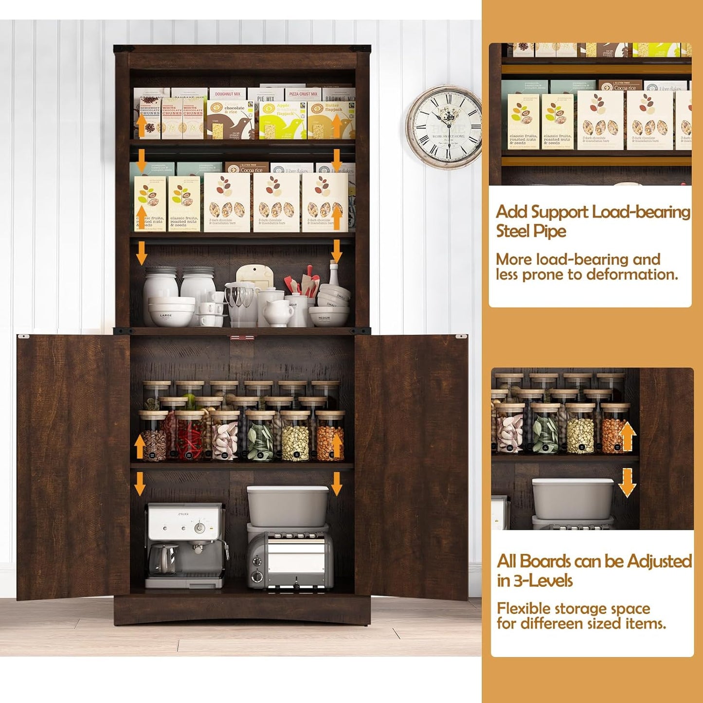 71in Farmhouse Kitchen Pantry Cabinet,Tall Storage Cabinet with 2 Doors and Adjustable shelves,with Load-Bearing Steel Pipe,Wood Storage Cabinets for Kitchen,Dining Room,Bathroom(Brown)