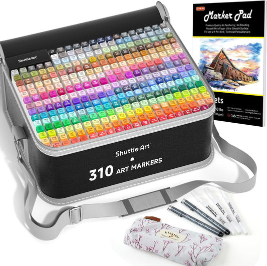 Shuttle Art 310 Colors Alcohol Markers, 309 Colors Dual Tip Art Marker Set Plus Colorless Blender, Micro-tip Pens, White Highlighter Pens, Marker Bag with Holders Perfect for Students Adults Coloring