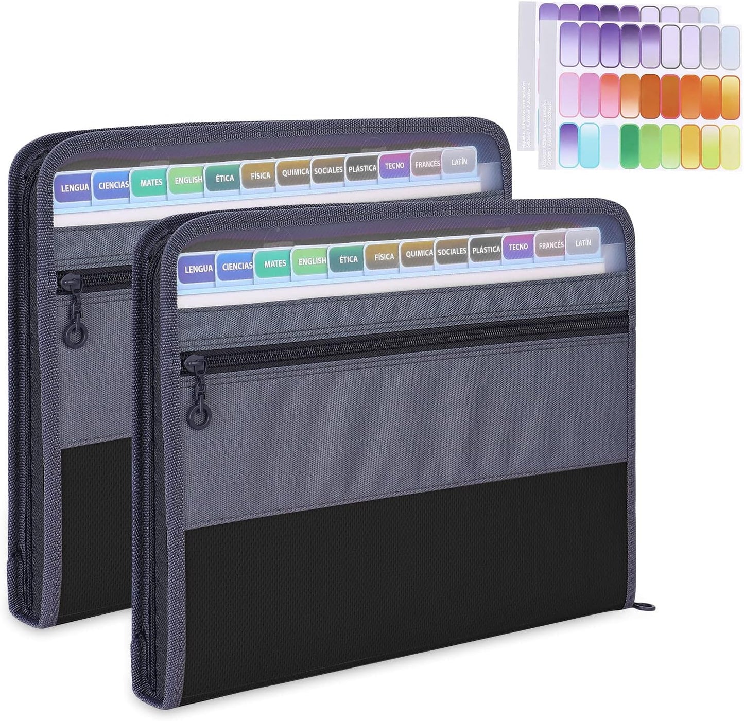 MEGREZ Expanding File Folder with 13 Pockets, 2 Pack A4 Paper File Folder with Zipper Color Labels, Waterproof Accordion File Folder Organizer for Home Office, Black(2 Pack)