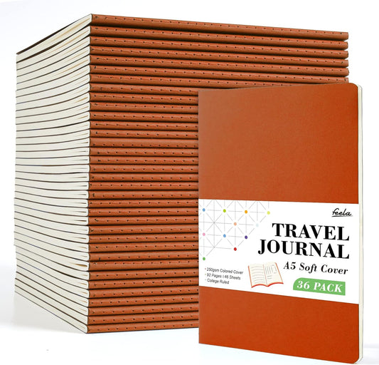 feela 36 Pack Soft Cover Journal Bulk, Lined Blank Travel Journal for Women Men Writing, Notebooks College Ruled for Work, Note Taking Notebook School Business Supplies, 8.2” x 5.5”, A5, Dark Orange