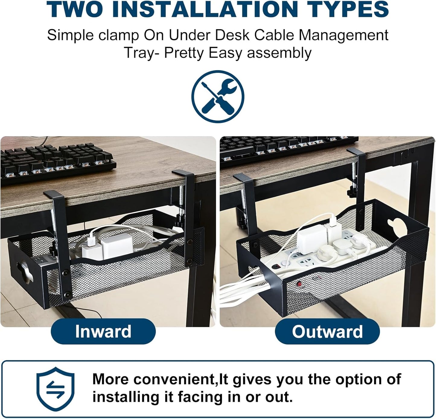 Large Under Desk Cable Management Tray - Heavy Duty Metal Cord Organizer with No Drill Installation for Office & Home Office Desks to Hide Wires & Power Strips (Black, XL)
