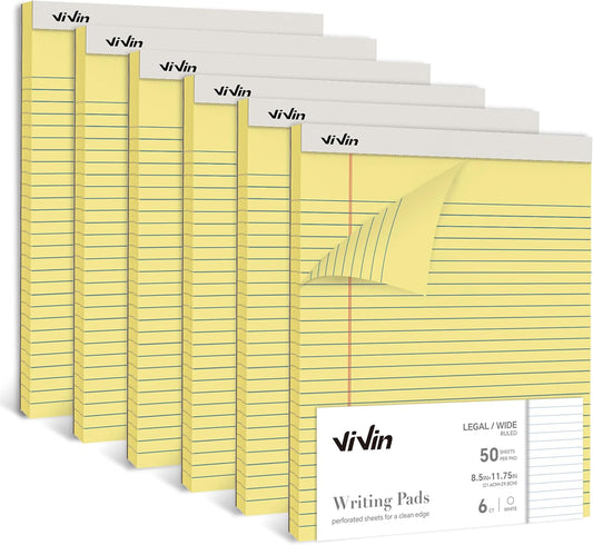 ViVin Legal Pads 8.5 x 11 Inch, Wide Ruled Note Pads, 6 Pack, 50 Sheet/Pad, Notepads for Office Home School, 300 Sheets, Perforated Writing Pads, Canary Yellow Paper