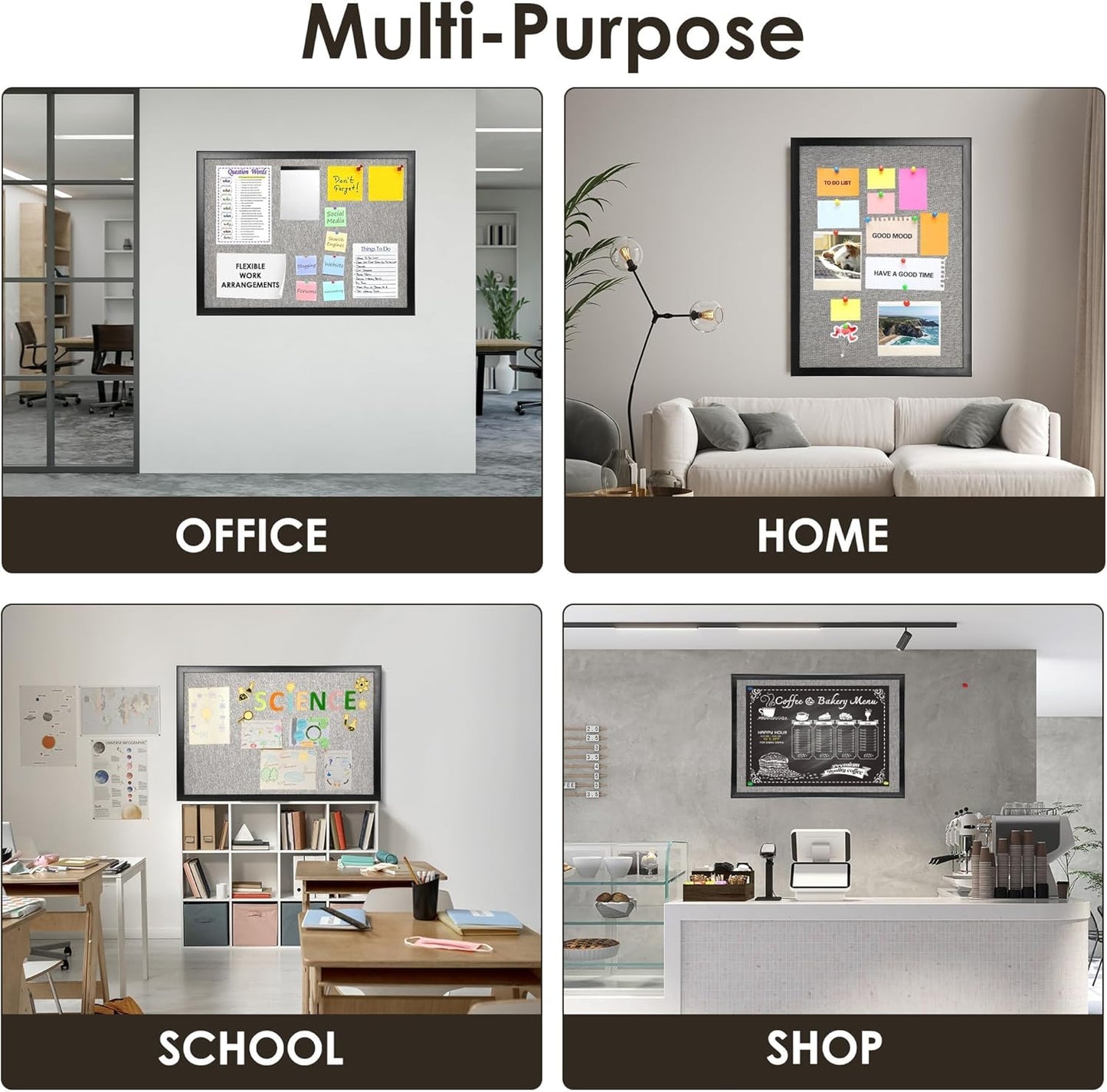 SHANTRA 24 x 18 Inch Bulletin Board with Grey Fabric, Wood Framed Canvas Cork Board, Corkboard for Walls with 10 Pins, Decorative Vision Board, Wall Mounted Notice Board for Home, Office, School