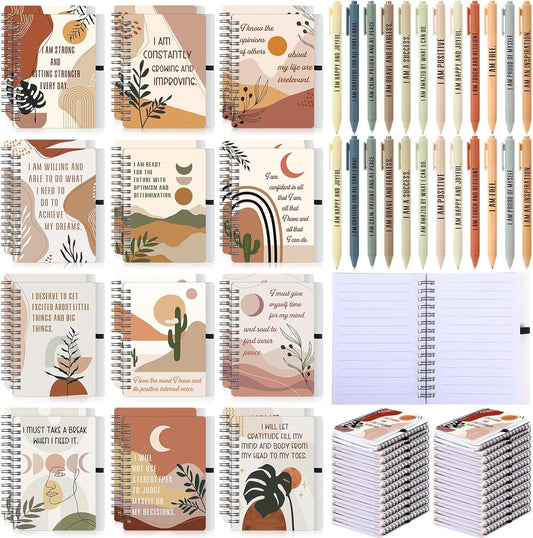 Kosiz 48 Pcs/24 Set Positive Affirmation Gifts Gratitude Spiral Notebooks with Pens Motivational Encouragement Notepads Daily Affirmations Journal for Women (Boho)