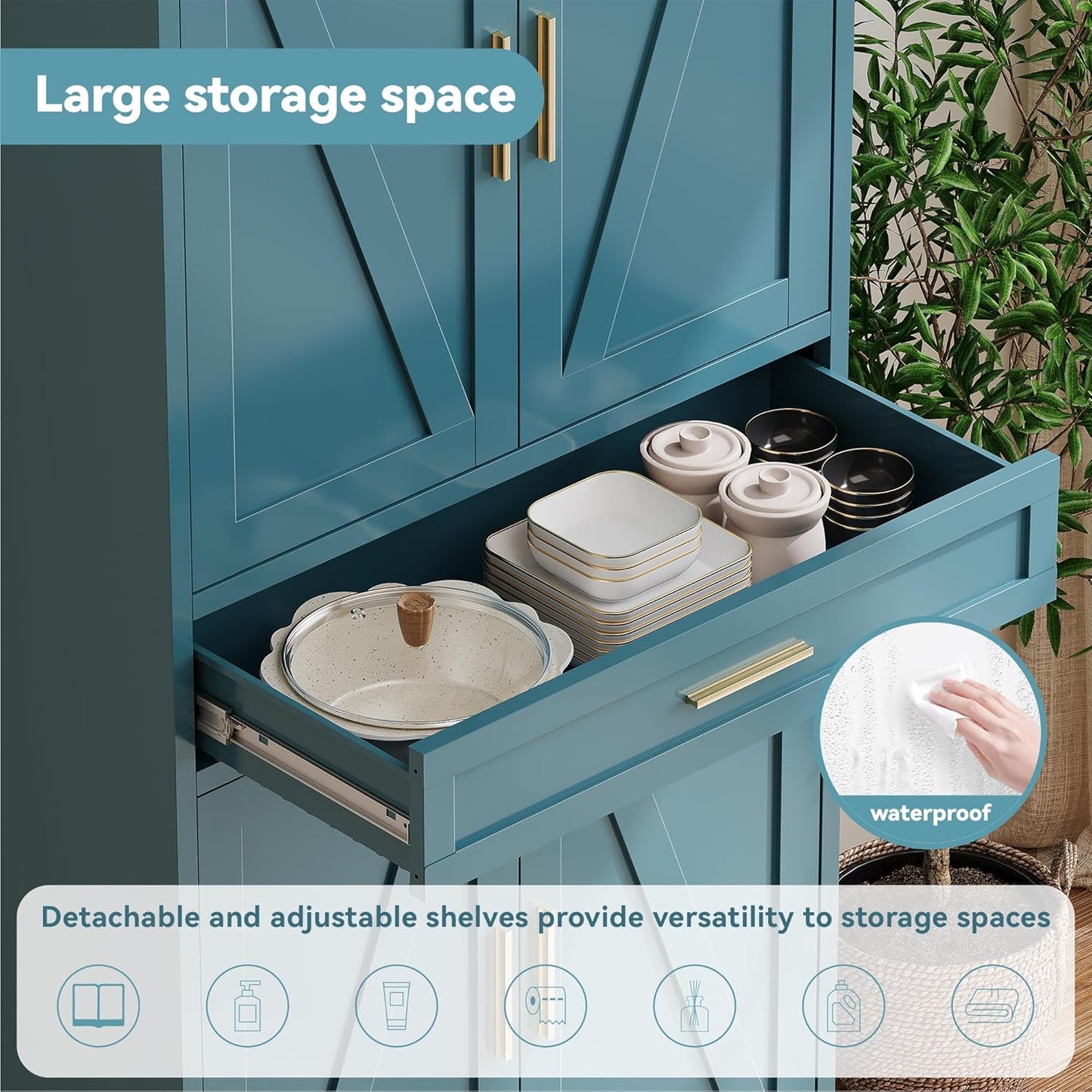 71" Tall Metal Storage Cabinet with Adjustable Shelves,Farmhouse Kitchen Pantry Cabinet with 2 Barn Doors and Drawer,Large Storage Cabinets for Dining Room,Bathroom,Living Room(Blue)