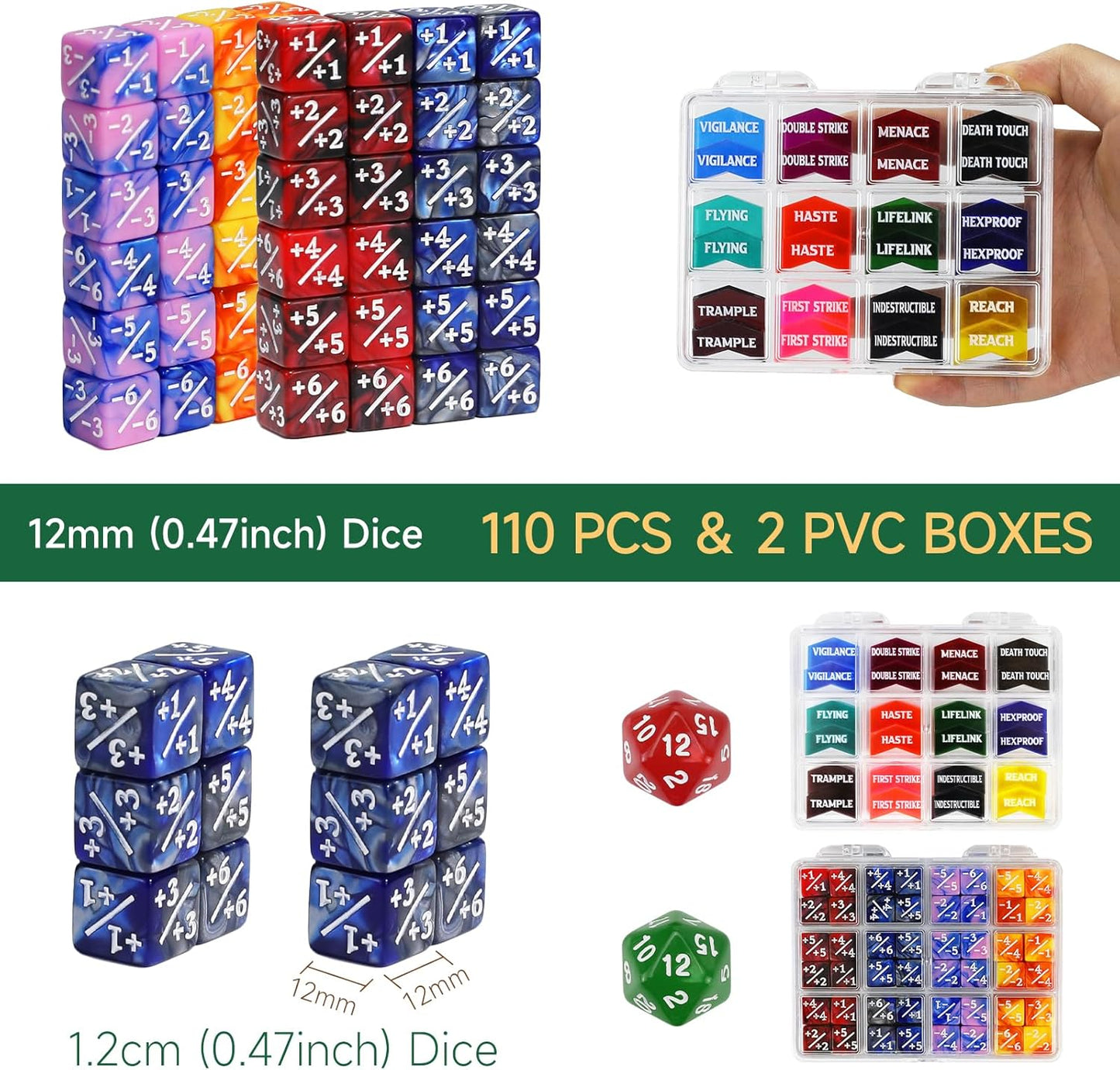 110 Pieces MTG Abilities Keyword Tokens 12mm Dice Counters Set with Box, MTG Life Counter Buff Tokens Dice for Magic The Gatering, Compatible with TCG CCG Magic Card Games Accessories